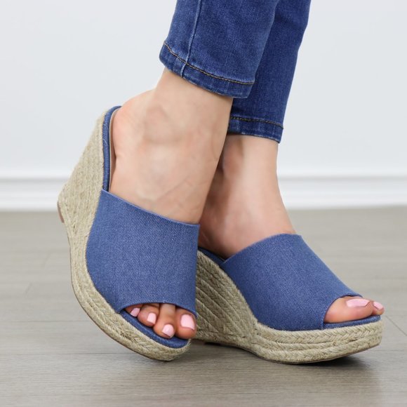 Blue Denim Slip On Espadrille Wedge Sandals - Picture 2 of 8